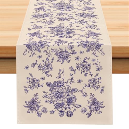Larponder Summer Blue and White Table Runner, Flower, 13x108 Inch | Seasonal Anniversary Holiday Kitchen Dinning Table Home Party Decor - color: Blue Flower, size: 13" x 108" (Rectangular)