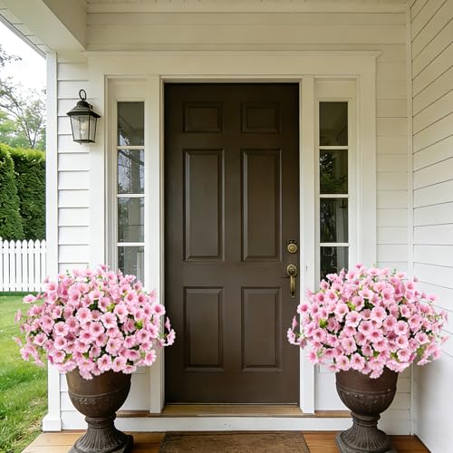 Roberly 12 Bundles Artificial Flowers for Outdoors, Fake Flowers Silk Morning Glory with Eucalyptus UV Resistant Faux Plants for Spring Summer Garden Outside Porch Patio Yard Home Decor, Pink - color: Pink