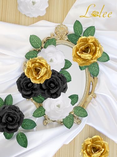 108pcs Roses Head Flowers with Stem - Black Gold White Graduation Artificial Flowers Rose Bulk - Silk Rose Fake Flower for Birthday Wedding Baby Shower Centerpieces Gold Theme Grad Party Tables Decor - color: White-black-gold