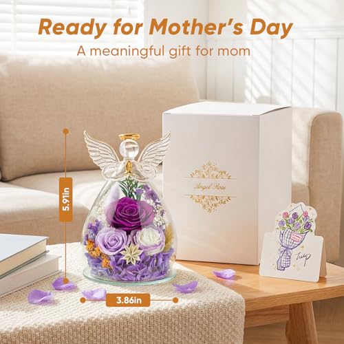 Preserved Rose in Glass Angel Figurine, for Mom/Wife/Grandma, Forever Flowers Rose Anniversary, Graduation or Birthday Gifts for Women Her - color: Purple