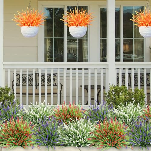Artificial Fall Fake Outdoor Plants Flowers for Autumn Decoration,10 Bundles Faux Plastic Tall Monkey Grass Greenery UV Resistant Realistic for Home Outside Planter Window Porch Patio Garden (Orange) - color: Orange