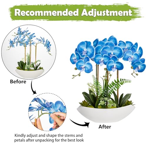 Briful Blue Orchid Artificial Flowers 18in Fake Orchid Silk Flowers with Ceramic Pot Faux Orchid Arrangement for Home Office Room Coffee Table Shelf Modern Decoration - color: Blue White