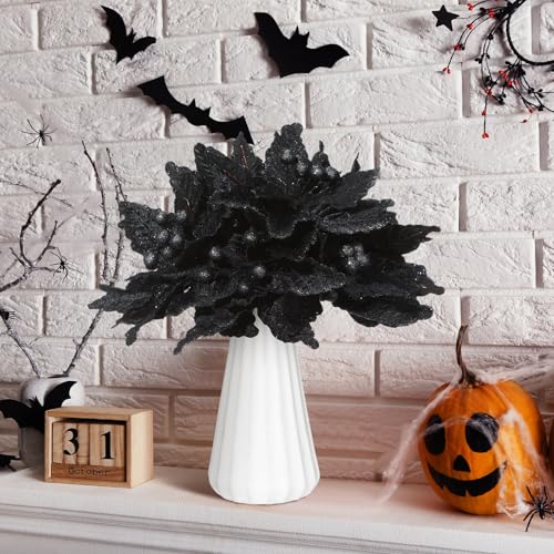 Giegxin 8 Pcs 8'' Halloween Black Flowers Poinsettia Flowers Halloween Artificial Poinsettia Stems Velvet Black Ornaments Fold Floral for Holiday Party Decorations - color: Black