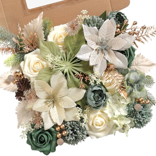 rongflower Christmas Artificial Flowers Greenery Combo Box Set Silk Flowers Fake Rose for DIY Christmas Red Theme Decoration Tree Ornaments, Xmas Wreath Floral Arrangements Party - color: Chrismas Green Gold
