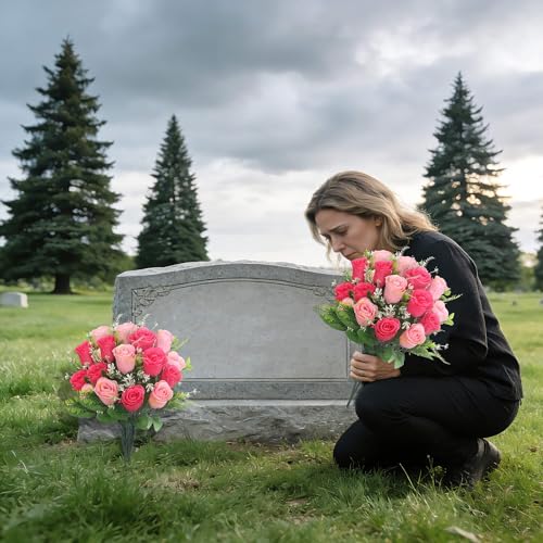 Artificial Rose Bouquets Fake Roses Flowers Set of 4 Realistic Silk Flowers for Cemetery Headstone Home Wedding Decoration UV Resistant No-Fading(Pink) - color: Pink