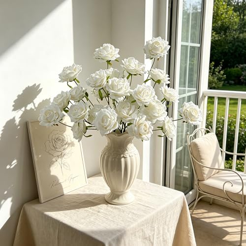 INXUGAO Artificial Flowers Fake Roses, 10 Pcs 28" Long Stem Silk White Roses for Outdoor Indoor, Realistic Faux Flowers for Tall Planter Vase Porch Patio Decor - color: Rose-white 10 Pcs
