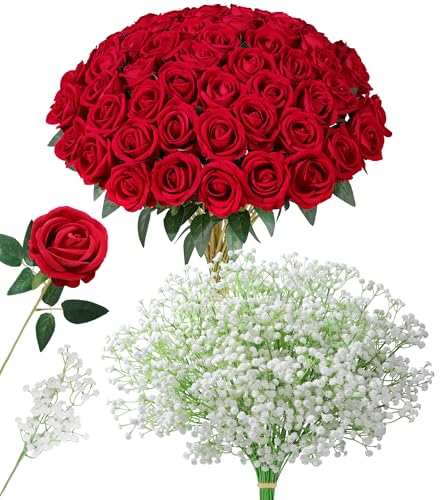HyeFlora 35 PCS Artificial Red Roses with 15 PCS Fake Baby Breath Realistic Fake Flowers Bouquet with Long Stem for DIY Wedding Party Home Decoration Vase Tables Centerpieces Arrangements Gift for Her - color: 35 Pcs Red Roses With 15 Pcs Baby Breath