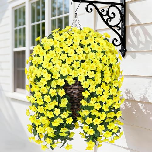 HyeFlora Artificial Fake Hanging Outdoor Flowers Plants Basket, Faux Silk Yellow Daisy Flowers UV Resistant Realistic Hanging Planter Orchid Vines for Outside Porch Patio Home Garden Yard Decoration - color: Yellow Daisy