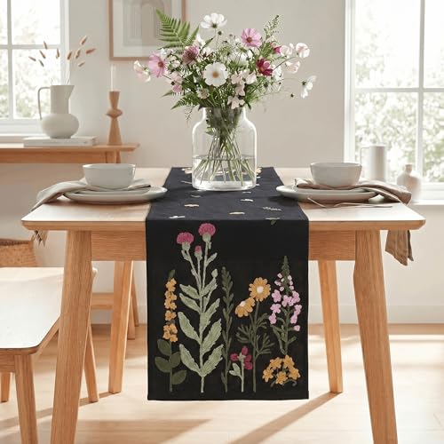 Artoid Mode Black Soft Chain Embroidery Wild Floral Spring Table Runner, Seasonal Halloween Kitchen Dining Table Decoration for Home Party Decor 13x72 Inch - color: Black, size: 13" x 72", Table Runner