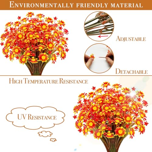 8 Bundles Artificial Daisy Fall Flowers for Outdoor UV Resistant Fall Decor | Faux Orange Flowers Plastic Greenery Shrub Fake Mums Flowers Plants for Home Garden Porch Patio Summer Fall Decorations - color: Orange, size: 8 Bundles