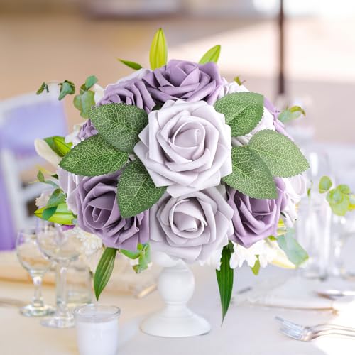AmyHomie 25pcs Real Looking Artificial Pale Lavender Roses w/Stem for DIY Wedding Bouquets Centerpieces Arrangements Party Baby Shower Valentines Day Christmas Tree Decorations - color: Pale Lavender & Dusty Violet