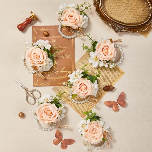 Serwalin 6 PCS Champagne Rose Wrist Corsages Wristlet for Wedding, Corsages for Prom Party Homecoming Corsage Hand Decor for Bride Bridesmaids, Mother of Bride and Groom - color: Champagne, size: Corsage 6pcs