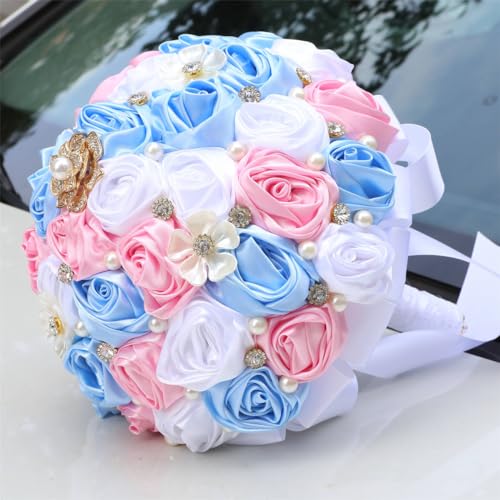 MaxxCloud 5.9‘’ Handmade Romantic Toss Bouquet for Bride Stunning Bridesmaid Brooch Wedding Bouquet with Jewelry Petals Blue Pink and White - color: Blue Pink+white, size: 5.9''/15cm