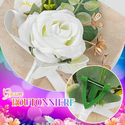 Rose Boutonniere for Men White Groom Flower Boutonniere Pin for Wedding (White) - color: White