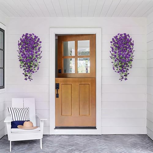 Artificial Hanging Petunias Flowers for Outdoor, 2pcs Fake Plants Long Vine Morning Glory Eucalyptus, UV Resistant Realistic Faux Greenery Outside Patio Porch Garden Spring Summer Decor, Dark Purple - color: Purple