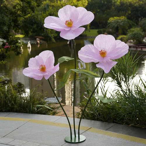 Large Paper Artificial Flowers,Giant Flowers for Decoration,Huge Handcrafted Poppy Fake Flowers with Stand for Home Decor Bridal Shower Party Outdoors Yard Event Backdrop Decor (Pink) - color: Pink