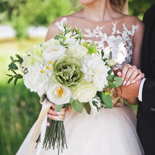 AmyHomie Green White Artificial Flowers Combo Silk Mix Peony Rose Fake Flowers w/Stem for DIY Wedding Bouquets Centerpieces Arrangements Table Fall Decor Party Bridal Baby Shower Home Decorations - color: Green White