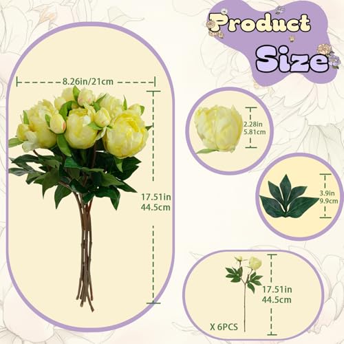 ucky 6PCS Yellow Peonies Artificial Flowers, Realistic 2 Heads Silk Peonies with Stems & Buds, 17.51" Faux Peony Bouquets for Wedding Centerpieces DIY Home Table Vase Decor - color: Yellow