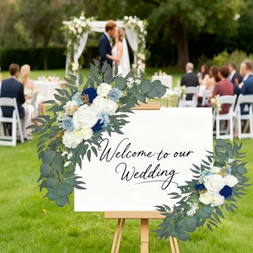 Wedding Arch Flowers 2 Pack, Artificial White Roses and Greenery Swag for Welcome Sign Decorations, Ceremony Backdrop - color: Blue