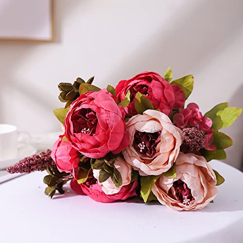 Duovlo Fake Flowers Vintage Artificial Peony Silk Flowers Wedding Home Decoration,Pack of 1 (Dark Pink) - color: Dark Pink