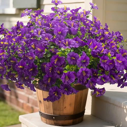 Grunyia Artificial Faux Flowers for Outdoor 16 Bundles Boxwood Fake Morning Glory for Planter,UV Resistant Fake Flowers for Home Porch Patio Outside (Purple) - color: Purple