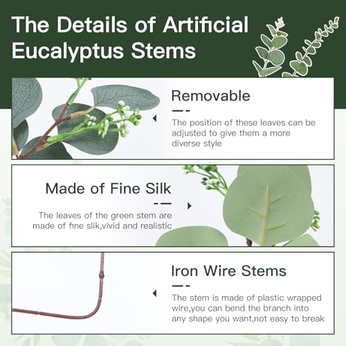 100 Pcs Mixed Artificial Eucalyptus Stems Leaves Bulk, 4 Kinds Faux Greenery Silver Dollar Leaves for Wedding Vase Bouquet Floral Arrangements