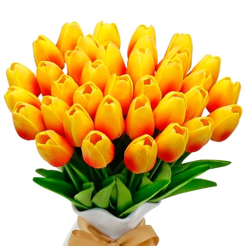 36 Pcs Tulips Artificial Flowers, 13 Inches Real Touch PU Fake Tulips for Wedding Bouquets, Home Decor - color: Orange