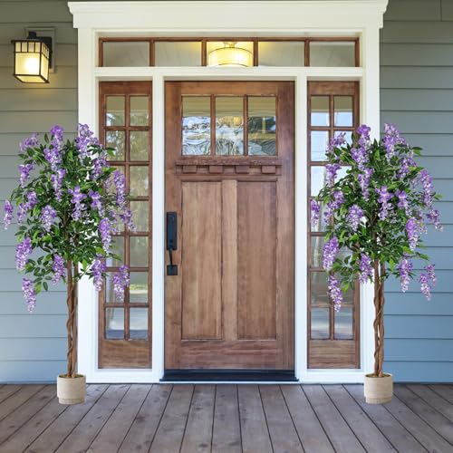 Goplus 5.5FT Ficus Artificial Tree, 2 Pack Faux Wisteria Tree in Nursery Pot with Blooming Flowers, Fake Potted Tree Greenery Floor Plant for Indoor Home Office Porch Living Room Decor - color: Purple, size: 5.5ft×2