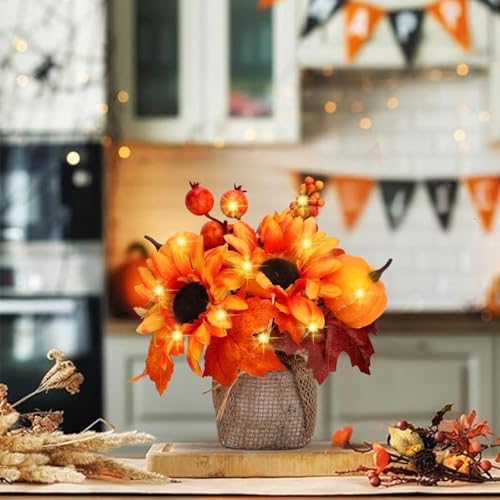 9 Inch Fall Decorations for Home 2 Pack Sunflowers Artificial Flowers with 40 LEDs Potted Autumn Leaves Pumpkin Fall Centerpieces for Tables Shelf Farmhouse Party Thanksgiving Decorations