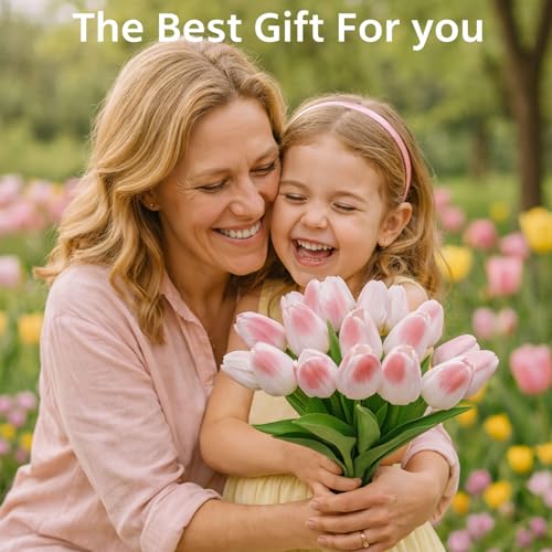 20 Pcs Tulips Artificial Flowers, 13.5'' Real Touch PU Fake Flowers Bouquet for Home Party, Spring Wedding Floral Arrangement, Valentine's, Easter and Mother's Day Decor (White Pink) - color: White Pink