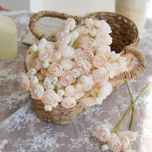 18 Pcs Champagne Ranunculus Artificial Flowers Silk Ranunculus Flowers Bulk Real Touch Mini for Wedding DIY Bouquets Home Decor Arrangements - color: Cream