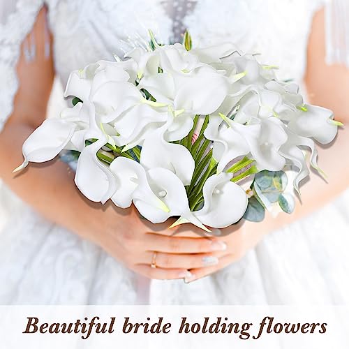 Crowye 100 Pcs Calla Lily Artificial Flowers Bulk 14 Inch Comfortable Touch Calla Lily Bridal Wedding Bouquet Faux Artificial Flower for DIY Wedding Bridal Centerpiece Party Decor (White)