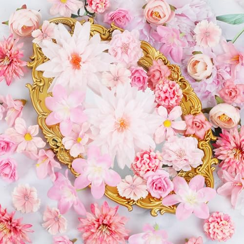 LACGO 48 PCS Fake Flowers Heads - Artificial Flower Heads Bulk Silk Faux Rose DIY Flower Embellishments Blossom Wreath Bouquets for Crafts Wedding Bridal Party Baby Shower Home Decoration(Pink) - color: Pink