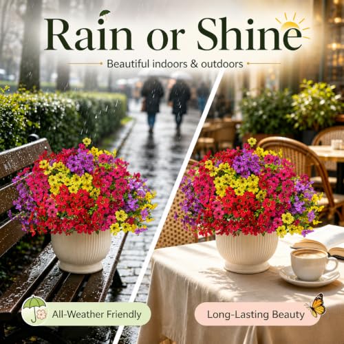 Artificial Flowers for Outdoors UV Resistant, 12 Bundles Realistic Faux Daisy with Eucalyptus Leaves Fake Plants for Porch Patio Planter Garden Decoration (Purple Red Rose Yellow) - color: Purple Red Rose Yellow