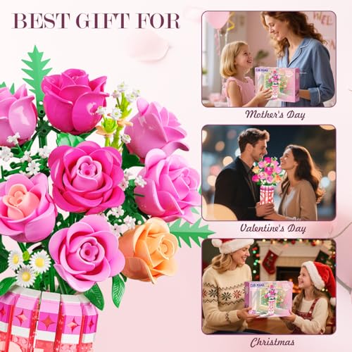 CUBIMANA Pink Rose Bouquet Building Set with Vase & LED Light, 3.6MM Mini Flower Building Kit for Adults, Artificial Floral Decor for Home Office Bedroom, Birthday Day Gifts for Women Mom Wife