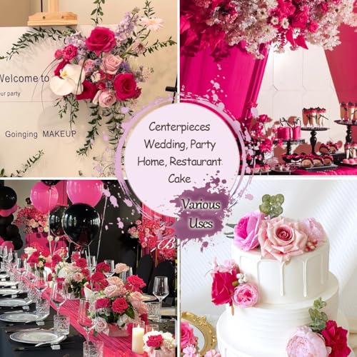 Fuschia Silk Artificial Flowers Combo Box Set Hot Pink Roses Flowers Dahlia DIY Bridal Wedding Bouquets Cake Fake Floral with Stems Arrangements Baby Shower Party Table Centerpieces Home Decor - color: Hot Pink, Fuchsia