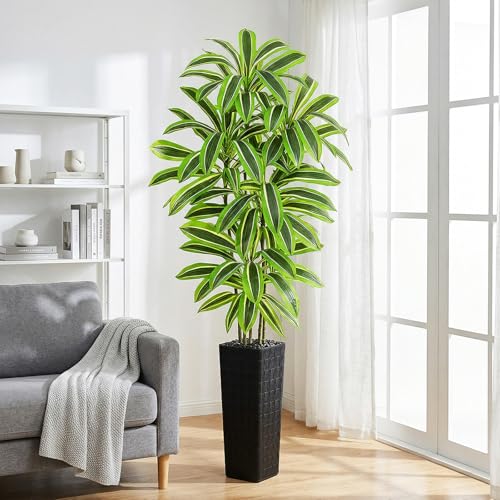 Artificial Yellow Dracaena Tree - 7FT Tall Fake Plants with Black Planter - Artificial Plants Indoor Floor Plant in Pot - Large Tropical Fake Yucca Potted Tree for Home Office Living Room Decor - color: Black-yellow Leaf, size: 7 FT