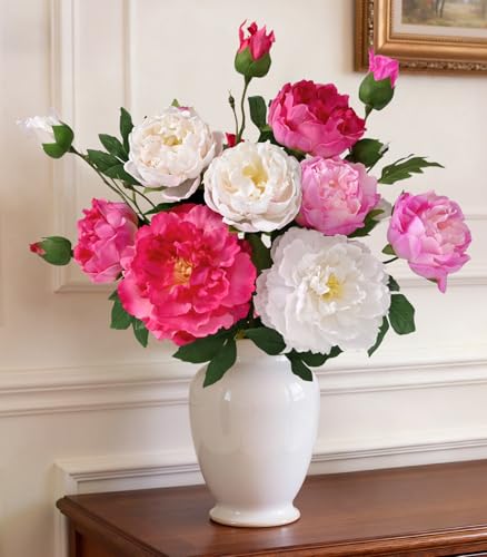 Yastouay 5 Bouquets Peonies Artificial Flowers with 22'' Long Stems, Latex Real Touch Faux Peony Flowers, Fake Peonies Bouquet for Table Centerpiece, Vases Home Wedding Party Decor (Red/White/Fuchsia) - color: Red/White/Fuchsia, size: 5PCS