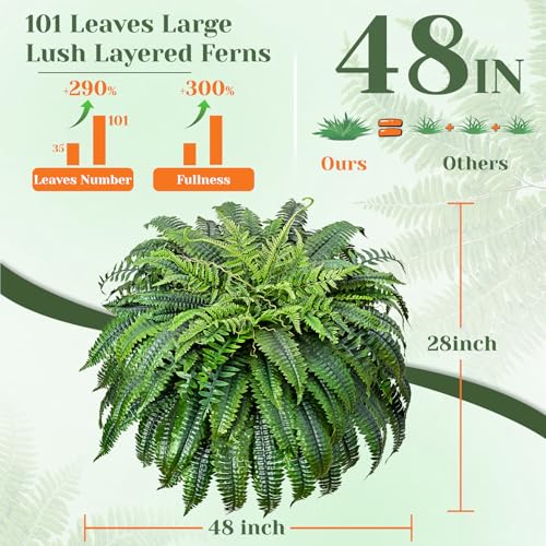 2 Pcs 48 Inch Fake Ferns, Look Real 101 Leaves Artificial Boston Ferns for Outdoors Large, Lush UV Resistant Faux Ferns for Outdoor Planter Large, Outdoor Faux Plants for Porch Patio Home Decor