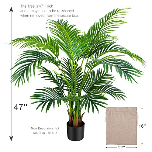 Worth Garden 4ft Artificial Areca Palm Plant 2 Packs in Pot, Fake Cane Palm Silk Tree Indoor Outdoor, Dypsis Lutescens, 47in Lifelike Faux Silk Plant Home Decor, Two Linen Bags Included - size: 2-PACK