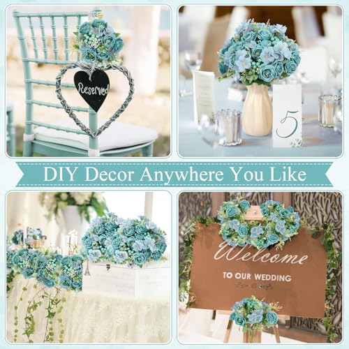 Yungyan 8 Pcs Wedding Artificial Rose Flowers Fake Roses Silk Hydrangea Berry Bouquet 12 Inch Faux Flowers for Bridal Wedding Party Floral Home Decoration Table Centerpieces(Teal Blue)