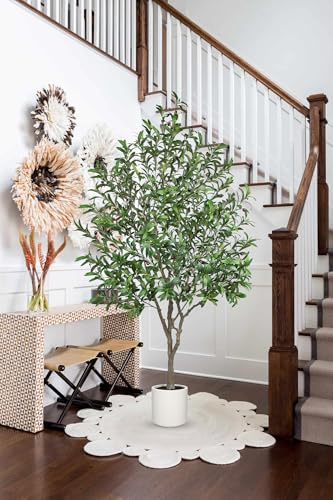 Hollyone Faux Olive Tree 7Feet Tall Fake Olive Tree 7FT with Pot Indoor Lifelike Wood Trunk and Fruits Large Potted Artificial Tree Plant with Tall Ceramics Pot Planter Housewarming Home Decor Gift - color: Green - 6.7 Ft