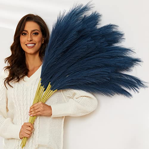 Blue Pampas Grass, 9 PCS 37''/3.1FT Tall Fluffy Fake Pompas Floral, Large Faux Pompous Grass Branches for Floor Vase Fillers, Boho Farmhouse Room Wedding Decor (Blue) - color: Blue