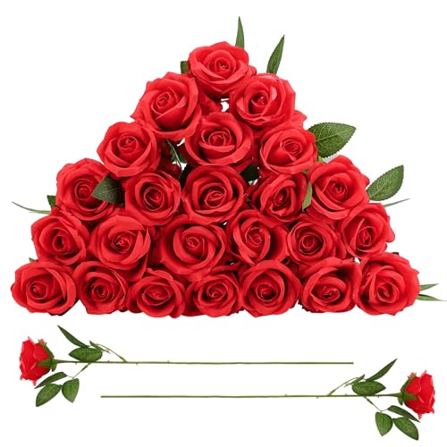 24 Pcs Red Rose Artificial Flowers with Long Stem Real Touch Silk Plastic Bouquet Red Roses Bulk for Wedding Party Table Centerpieces Festival Decorations - color: Red