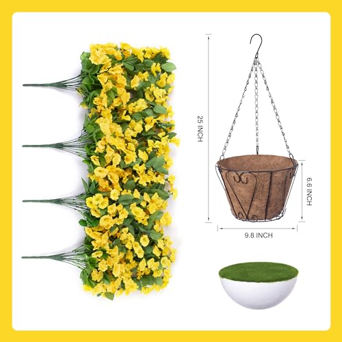 Ammyoo Artificial Faux Hanging Flowers Basket for Spring Summer Outdoor Porch Decor, Fake Silk Colorful Morning Glory Eucalyptus in Planter UV Resistant Look Real for Home Balcony Yard(Yellow) - color: Yellow