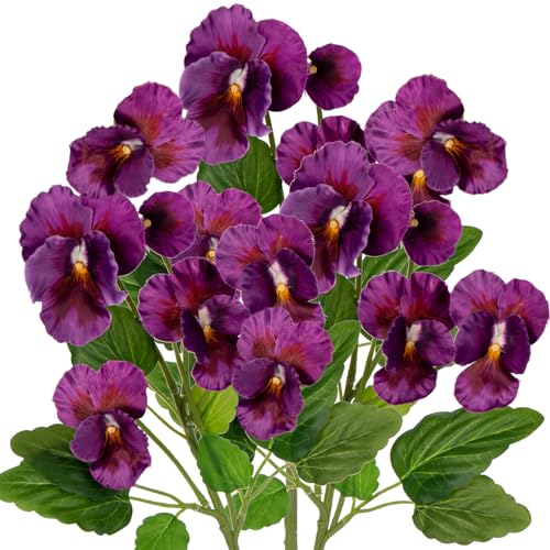 Purple Artificial Flowers 3 Pack Pansy Flowers Artificial Silk Flowers 18" Realistic Fake Flowers for Decoration Spring Faux Flowers for Vase Home Indoor Wedding Flower Bouquet Table Centerpiece Decor - color: Purple