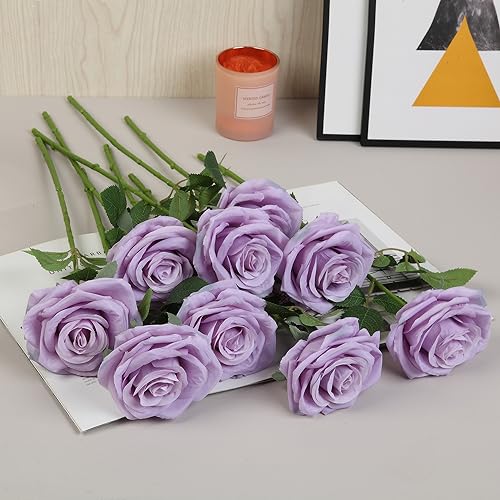 15pcs Fake Roses Artificial Silk Flowers Faux Rose Flower Long Stems Bouquet for Arrangement Wedding Centerpiece Party Home Kitchen Decor - color: Lilac