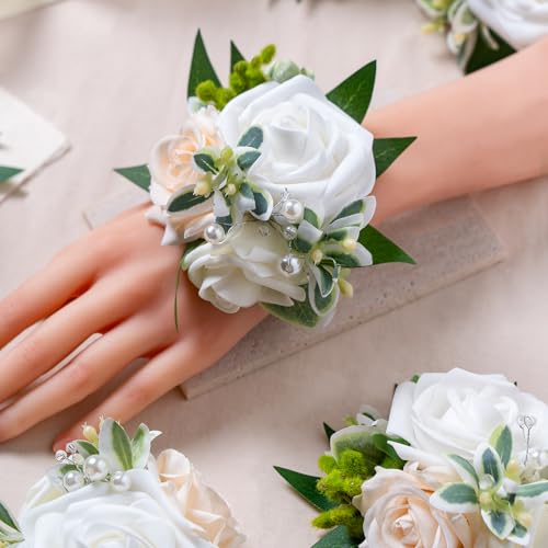 White Wrist Corsage, Set of 6, Homecoming Wrist Flower Girl/Mother Corsages Wristlet Décor Perfect for Bride Bridesmaids Wedding Guests Hand Flower, Proms, Party, Ceremony Anniversary - color: White & Champagne Wrist Corsage