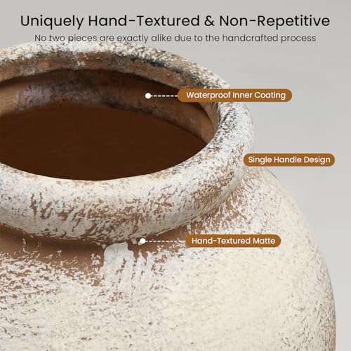 Ceramic Flower Vase, 10.6" Tall Rustic Farmhouse Vase, Decorative Pottery Vase with Glazed Interior for Fresh Flowers, Olive Branches, Mantel, Entryway and Dining Room Decor - color: Rustic-6.3"l X 6.3"w X 10.6"h