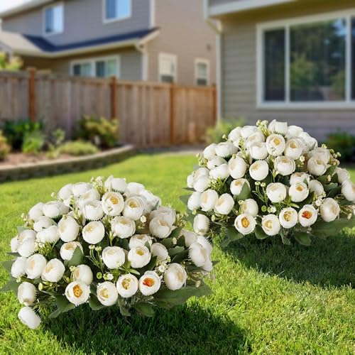 Yunlly 2 Set Artificial Boxwood Topiary Ball Trees with Rose Flowers 19.7'' UV Resistant Faux Greenery Shrubs Bushes with Ground Spike for Wedding Indoor Outdoor Front Porch Decor(White) - color: White
